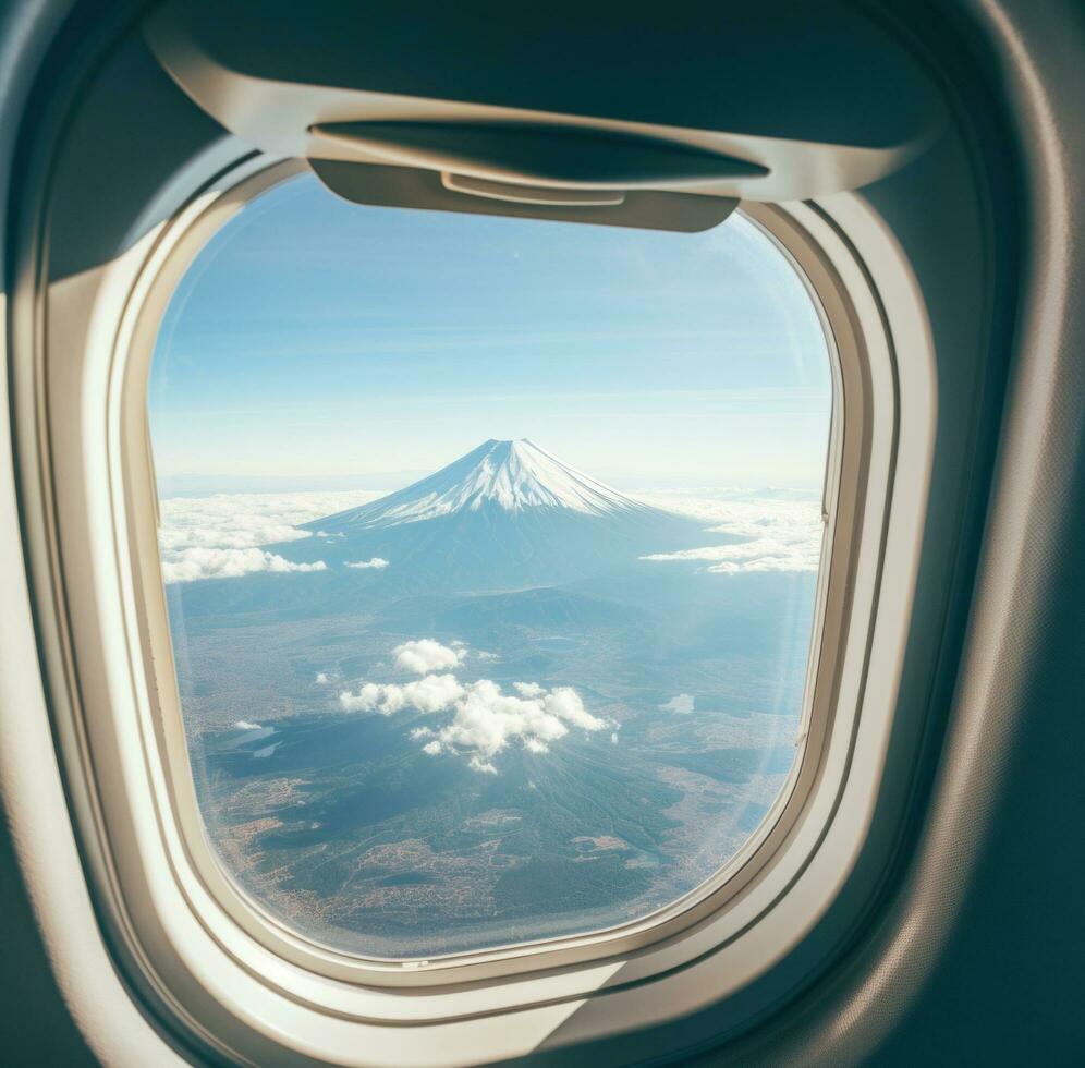 AI generated a view of a mount fuji mountain is seen through the window of an airplane photo