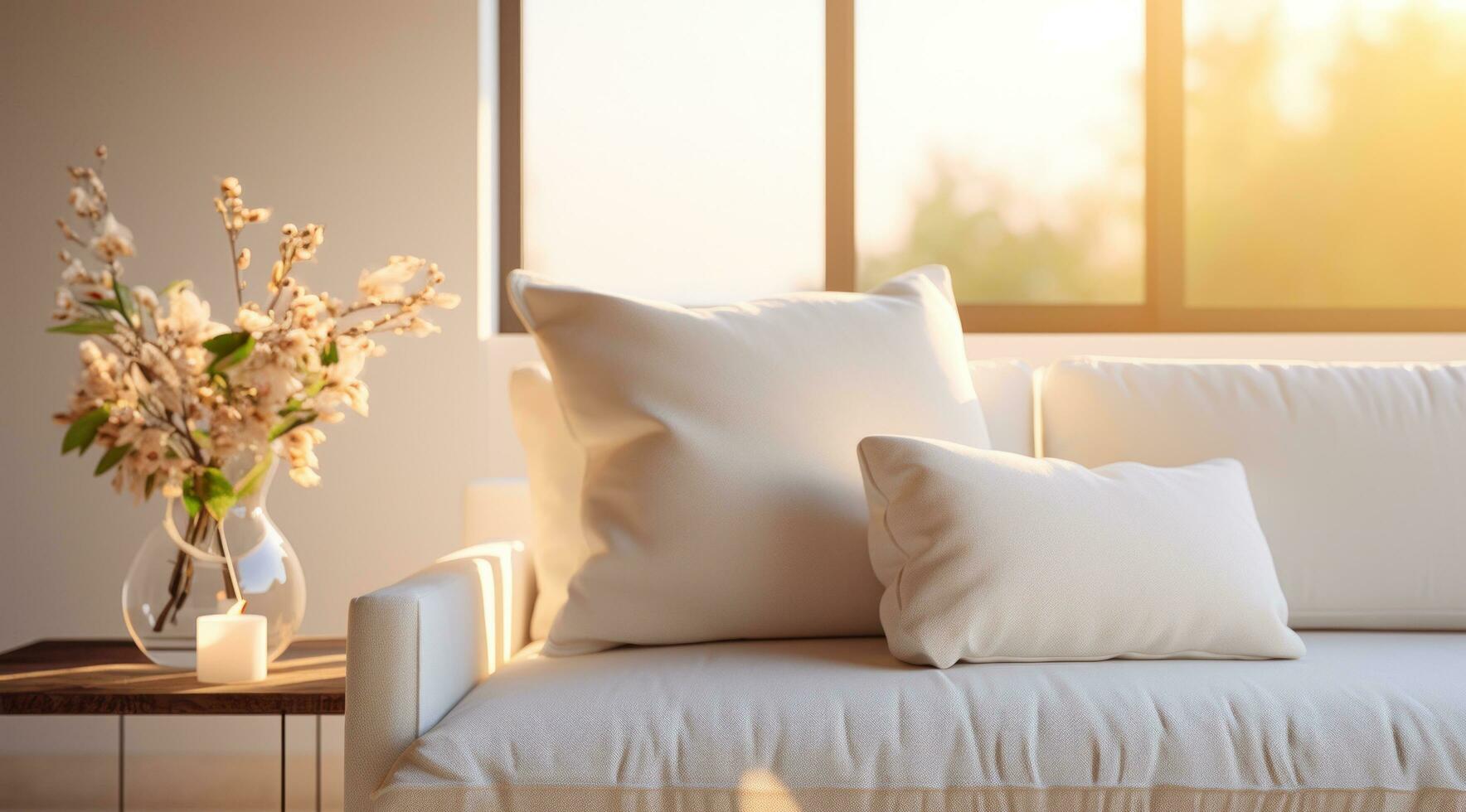 AI generated a white couch next to white pillows in the corner of a room photo