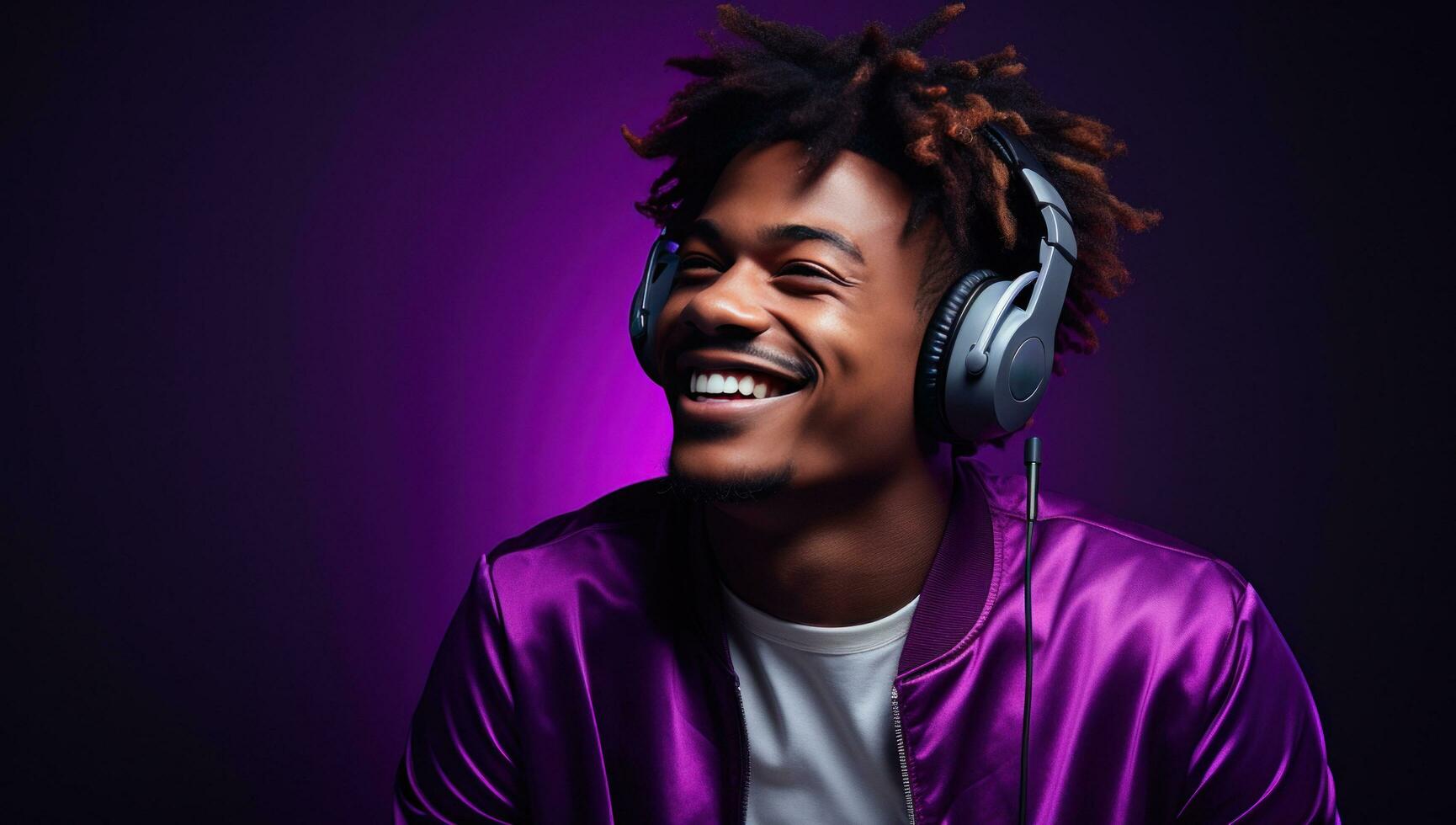 AI generated a young black man in headphones smiling photo