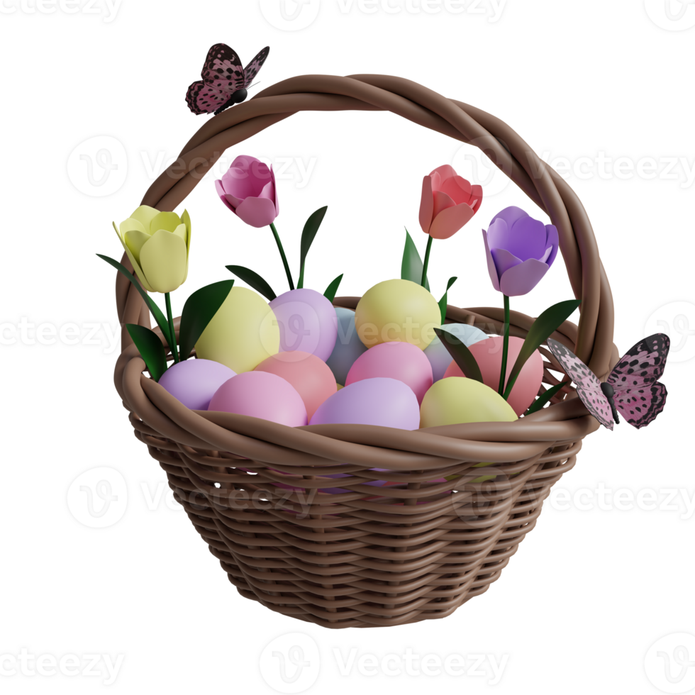 Easter basket of eggs with tulips and a butterfly on it png