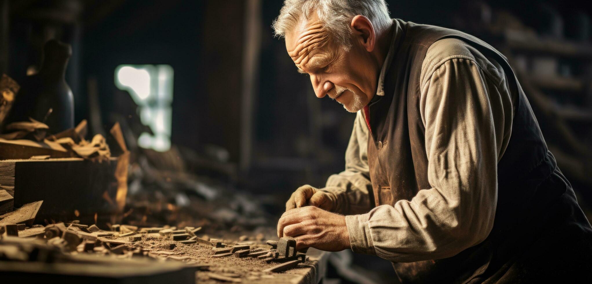 AI generated a man is down wood in his workshop photo