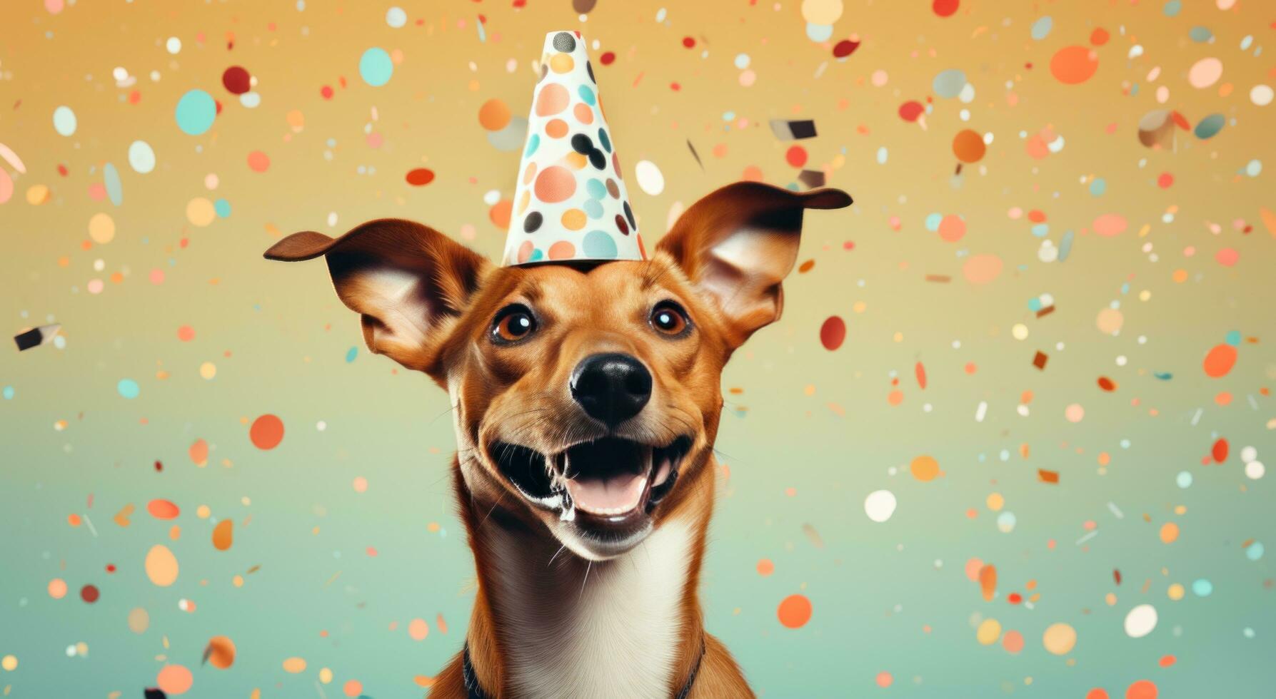 AI generated a tan dog with a party hat in front of confetti photo