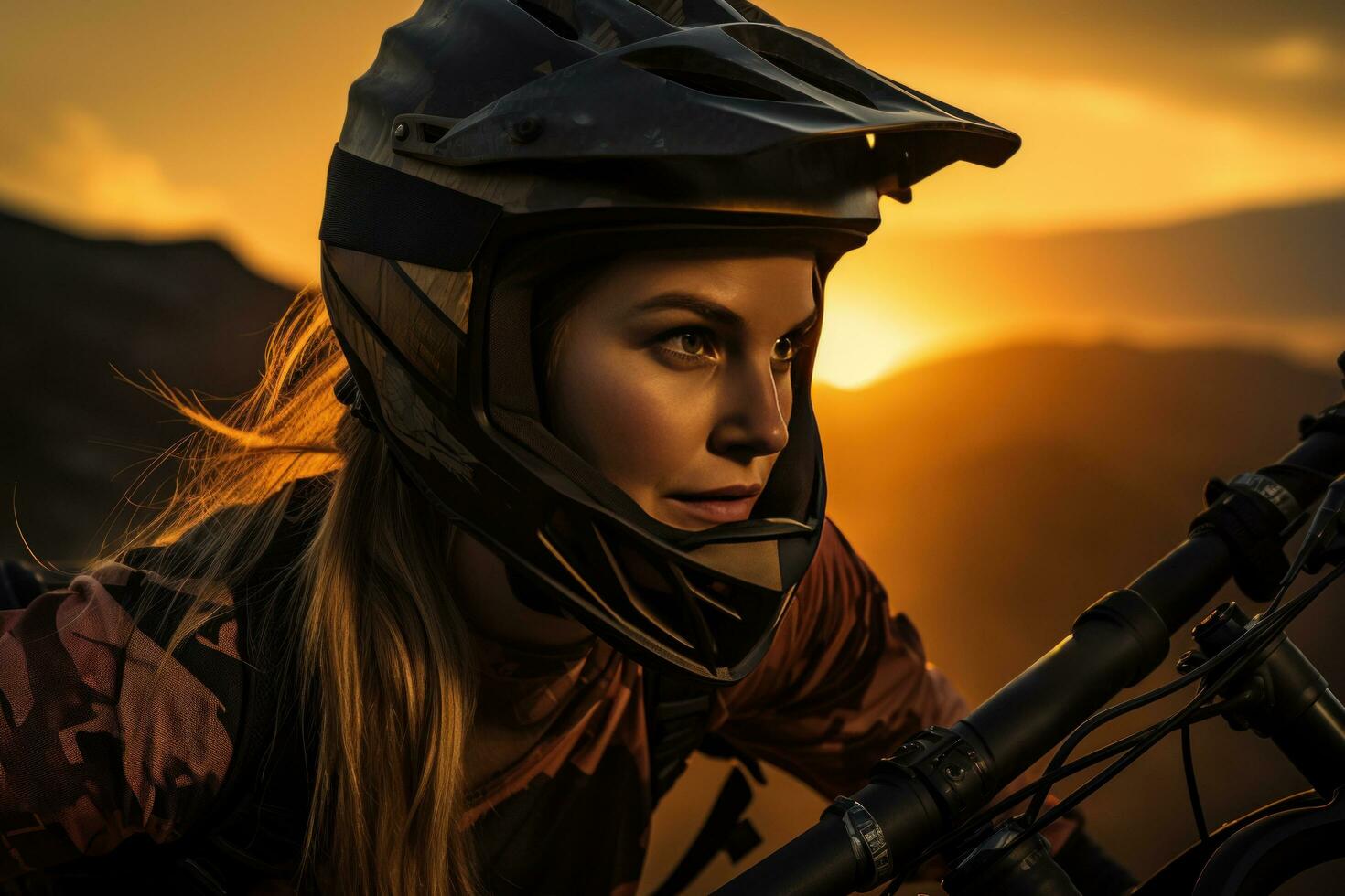 AI generated a woman mountain bike racing in the sunset photo