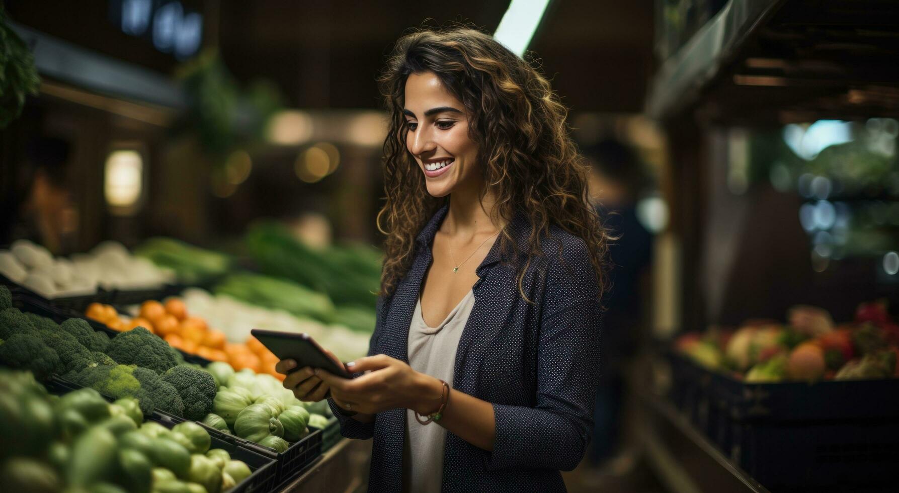 AI generated a woman smiling while holding her tablet in a produce section product photo