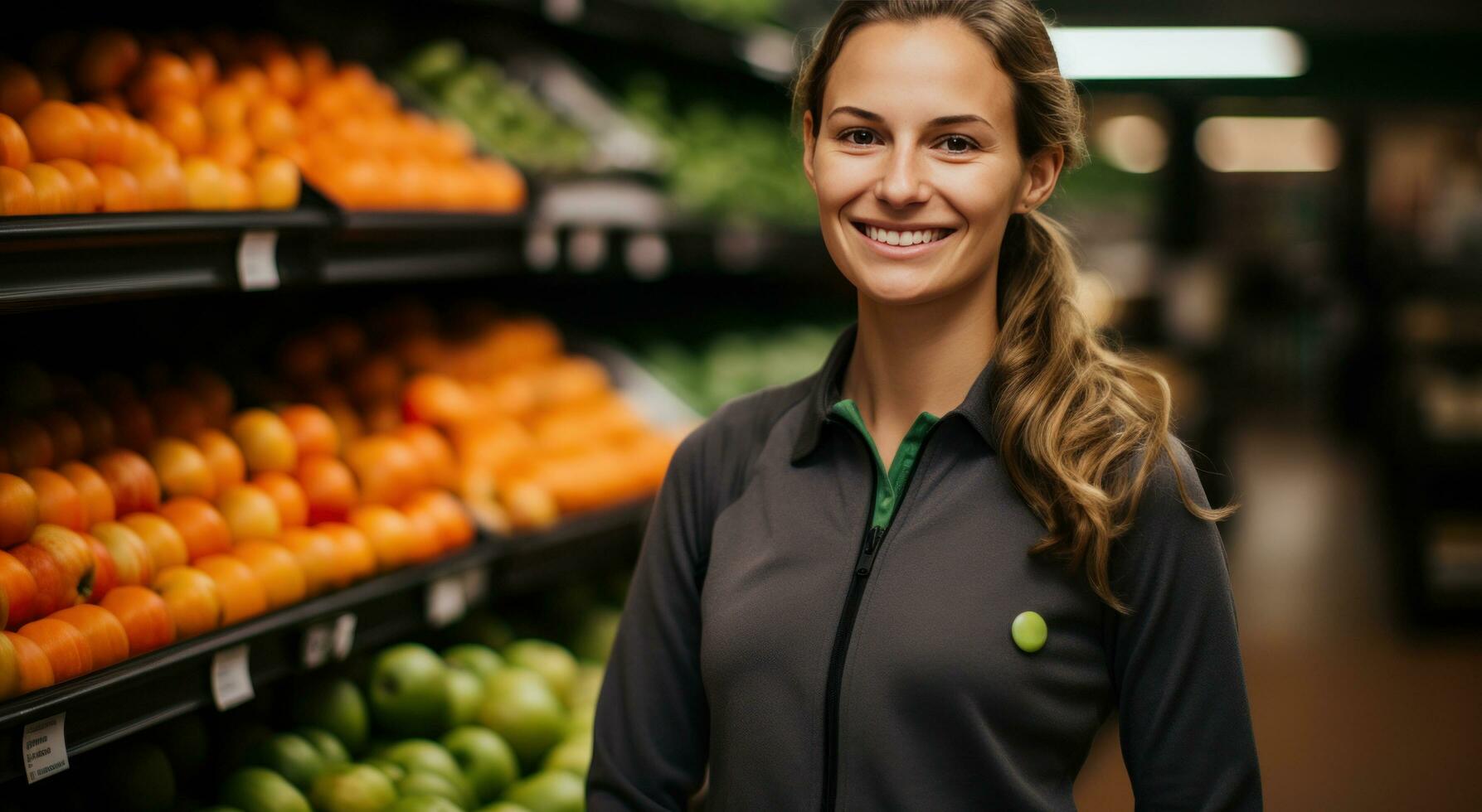 ai generado un mujer sonriente mientras participación su tableta en un Produce sección producto foto