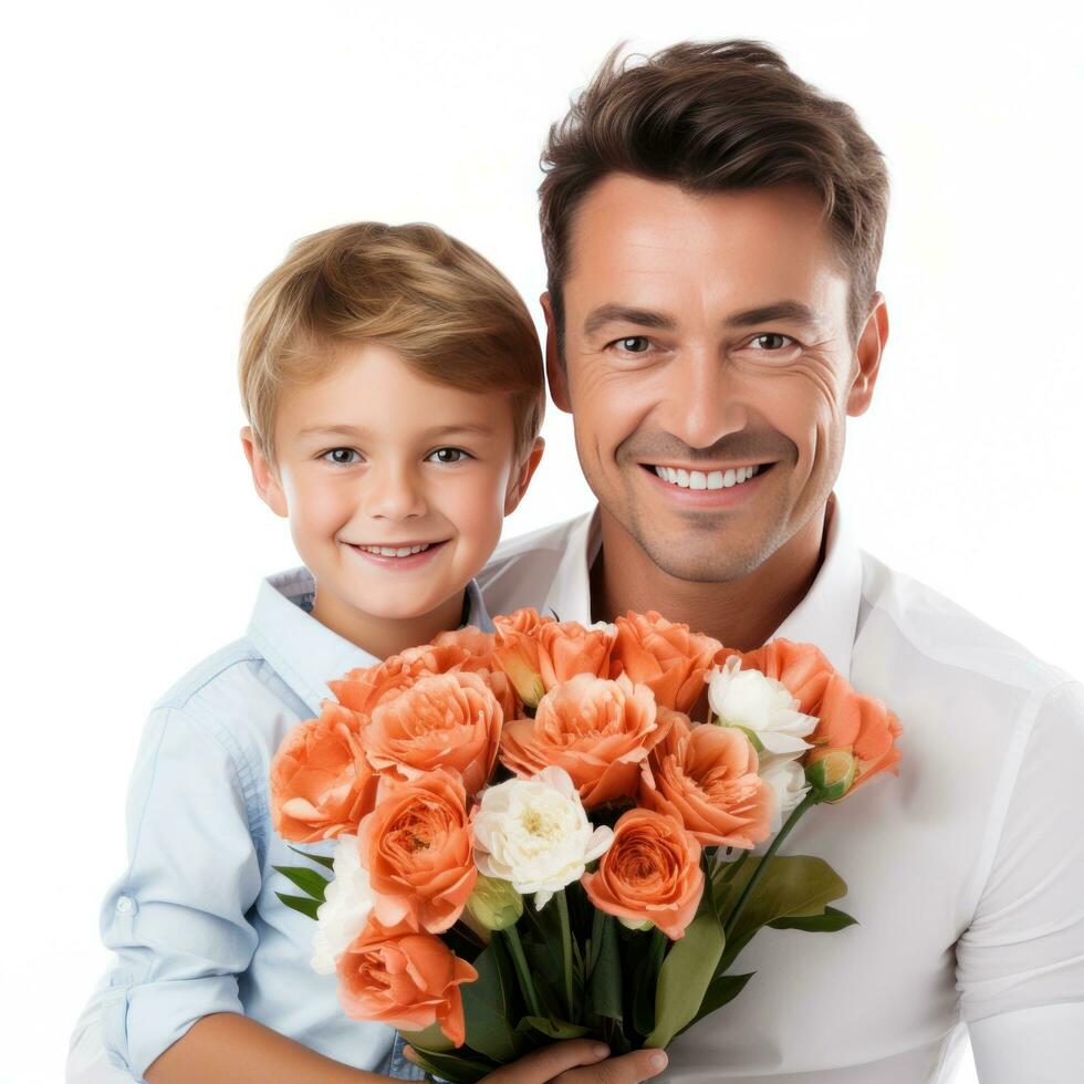 AI generated boy and father with flowers bouquet isolated photo