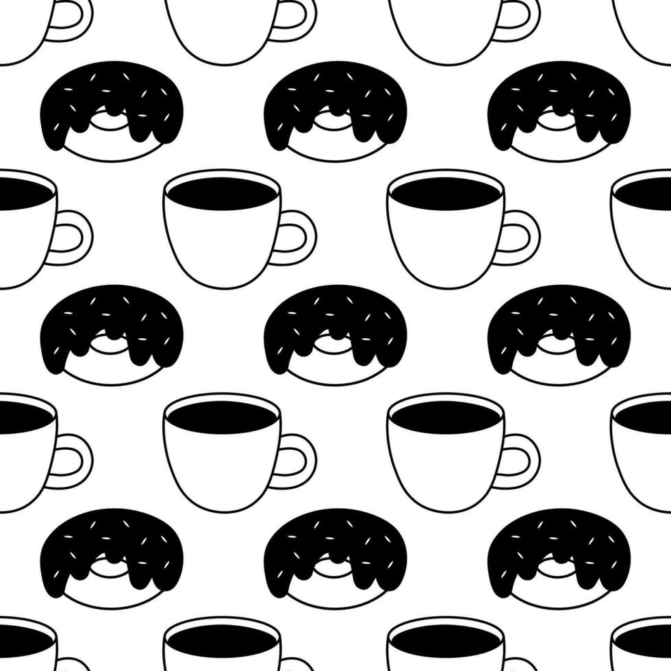 Coffee cup and donut with icing and sprinkles seamless pattern. Black doodle style. Vector drink and food background.