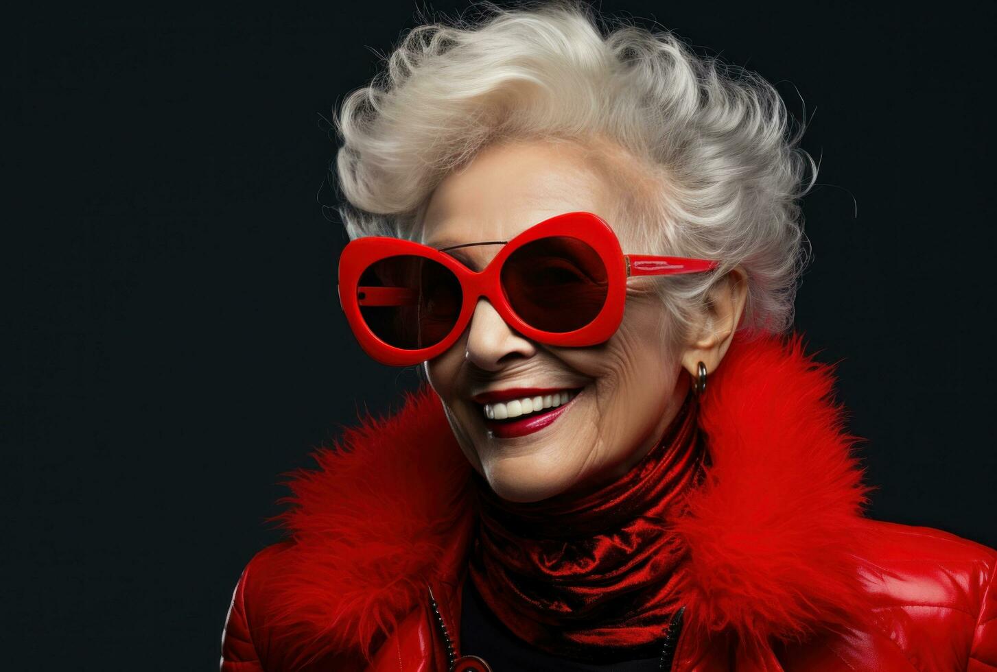 AI generated an elderly woman in red sunglasses smiling photo