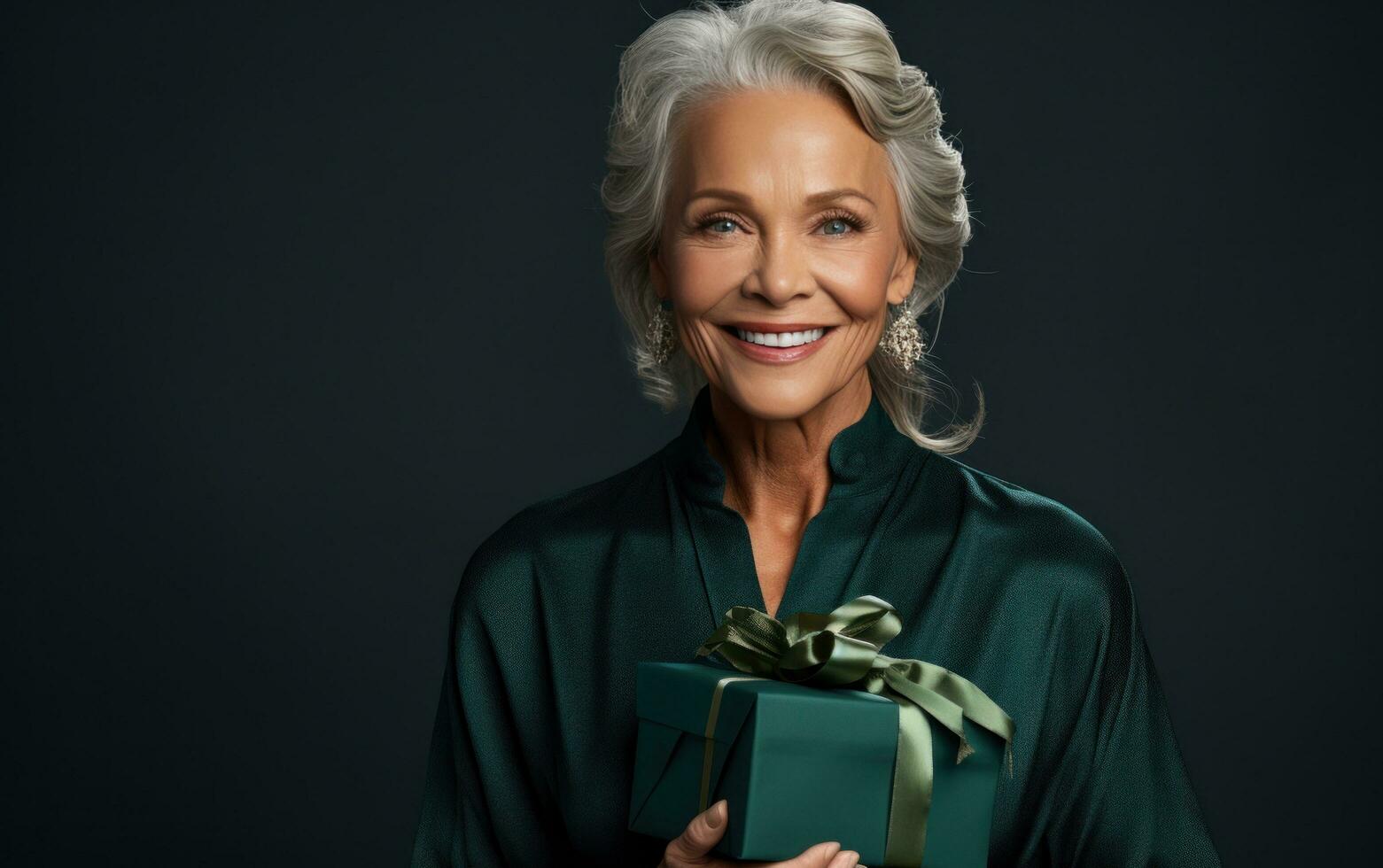 AI generated an elderly lady in black with grey hair holds a gift box photo