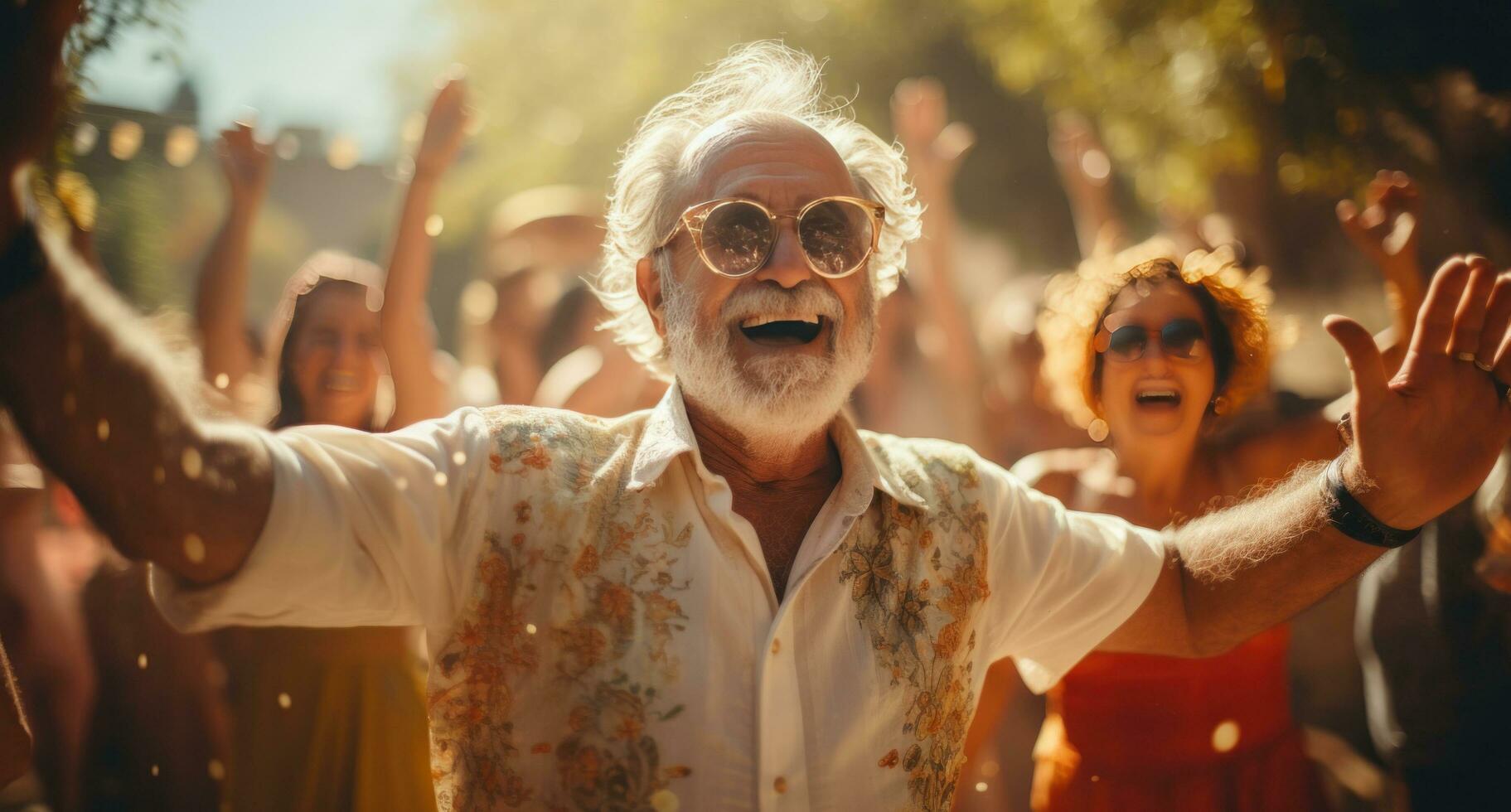 ai generado un mayor hombre con lentes es bailando con grande grupo de personas foto