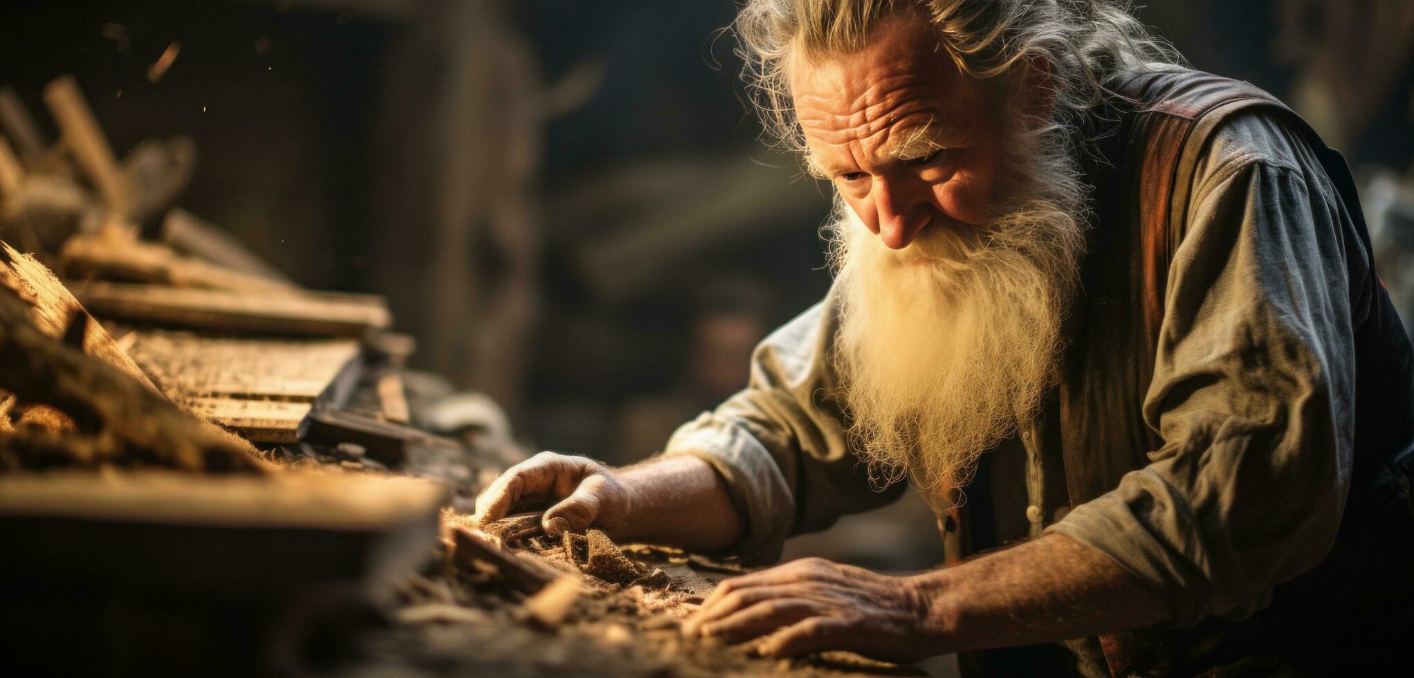 AI generated an old man plows through wood in an old working shop photo