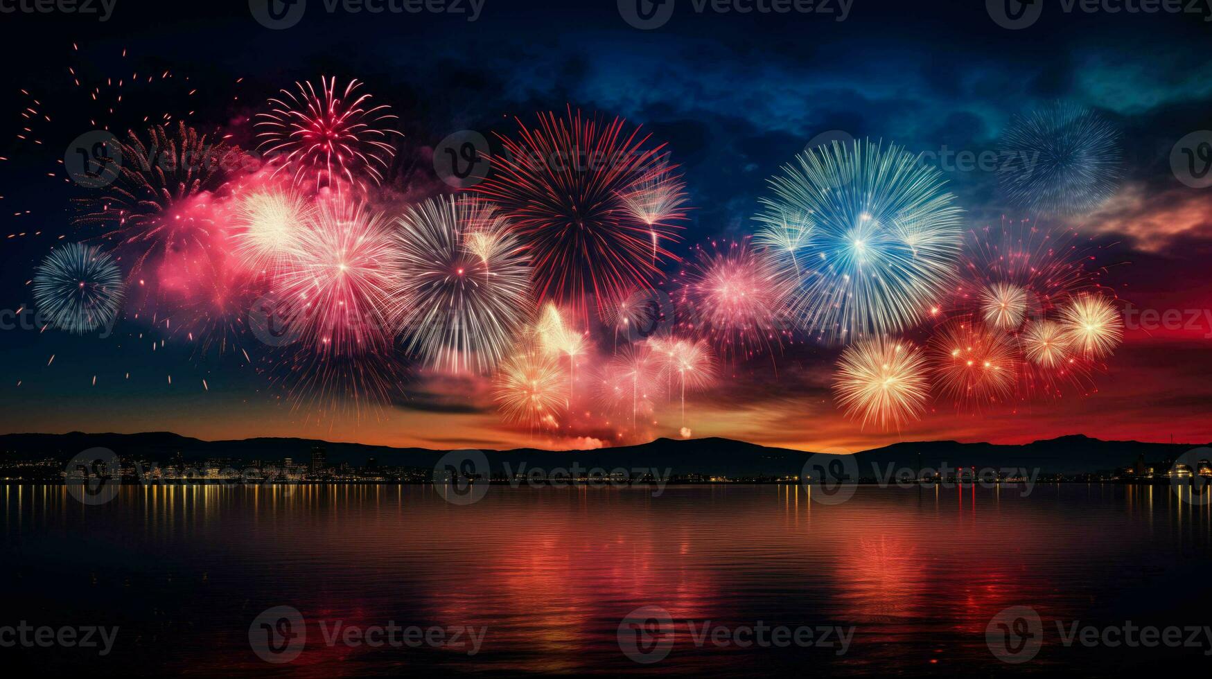 ai generado un espectacular fuegos artificiales monitor terminado un ciudad horizonte o un lago simbolizando cuarto de julio celebraciones con rojo blanco y azul colores dominante el escena con vacío espacio para texto foto