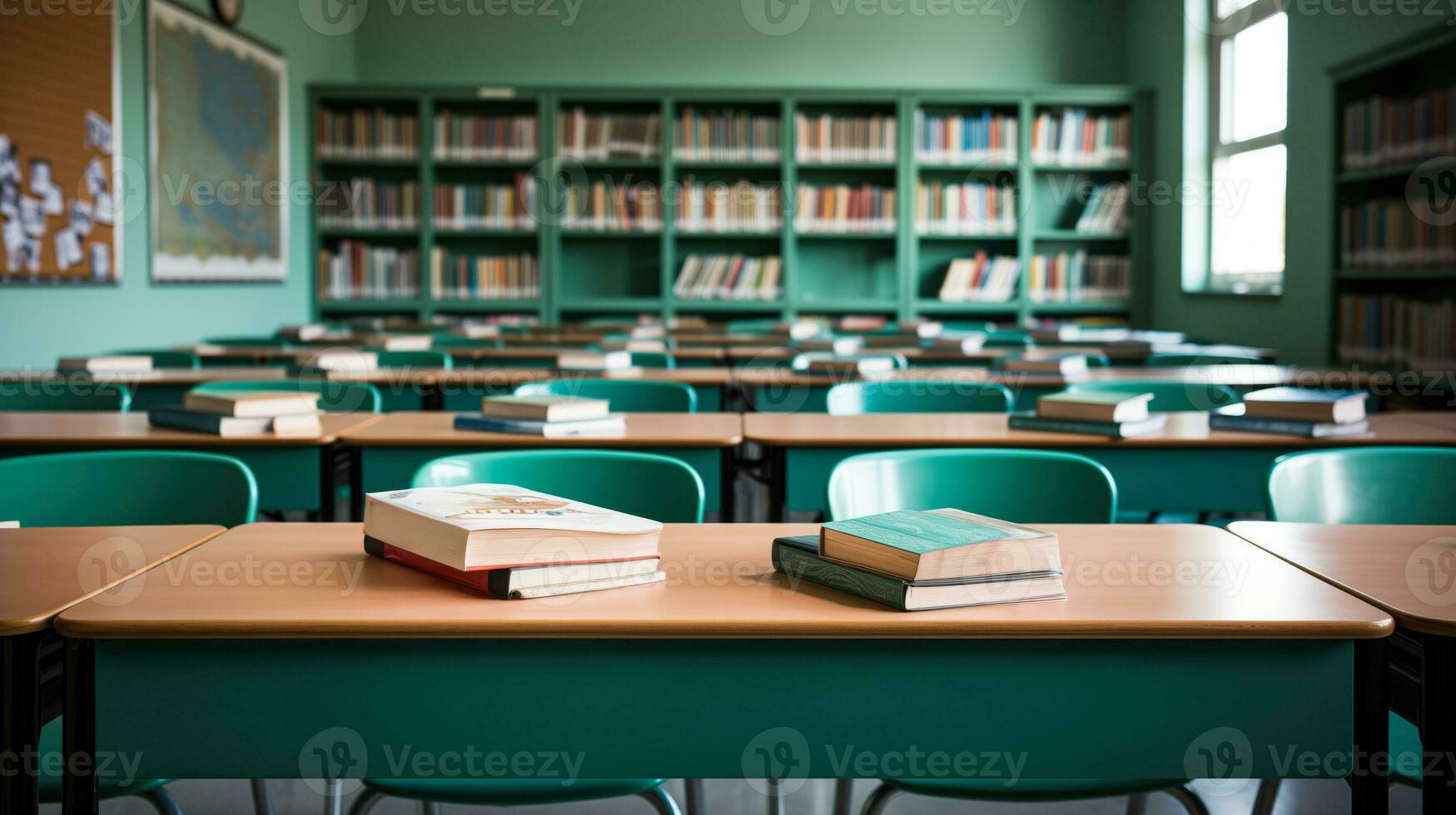 AI generated A modern classroom setting with students of various ages sitting at desks with books open ready for learning with empty space for text photo