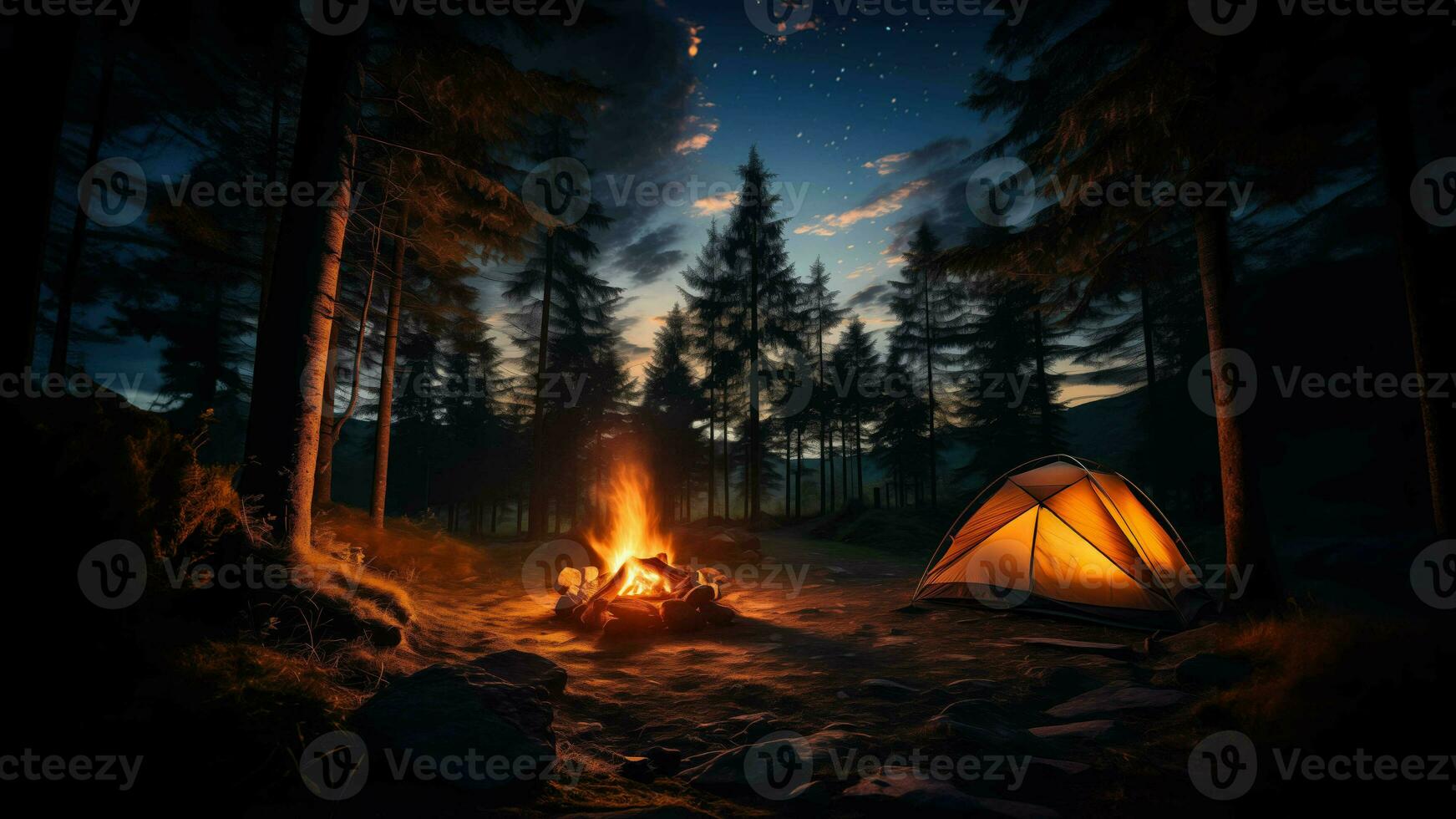 AI generated A tranquil camping scene in a forest with a tent a campfire and a starry sky capturing the essence of outdoor adventure with empty space for text photo