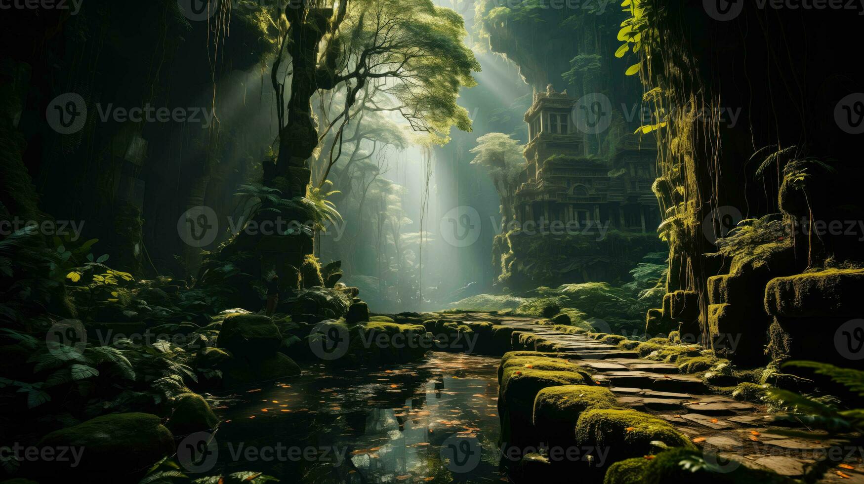 AI generated A scene capturing the essence of an exotic vacation destination like a tropical rainforest or an ancient temple with tourists exploring the sights photo