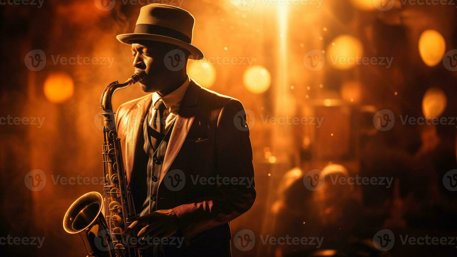 AI generated A soulful African American jazz musician playing the saxophone under a single spotlight with a vintage sepia toned background photo