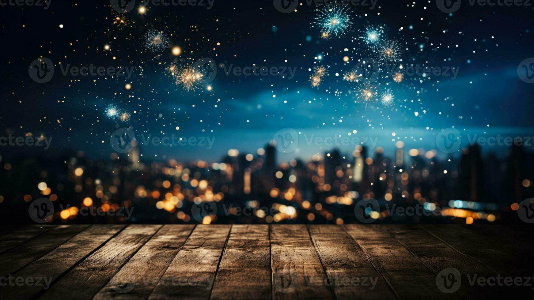 AI generated A spectacular image of fireworks illuminating the night sky over a city skyline symbolizing the celebration of the New Year with empty space for text photo