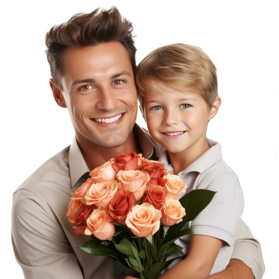 AI generated boy and father with flowers bouquet isolated photo