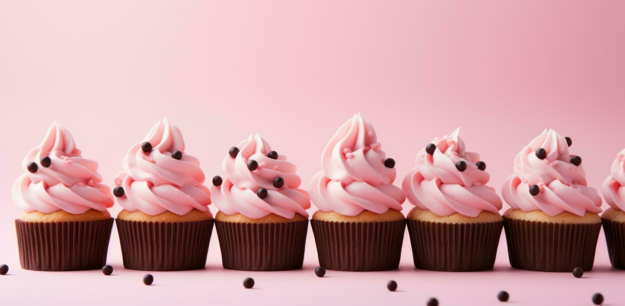 AI generated cupcakes with pink frosting are in a row on a pink background photo