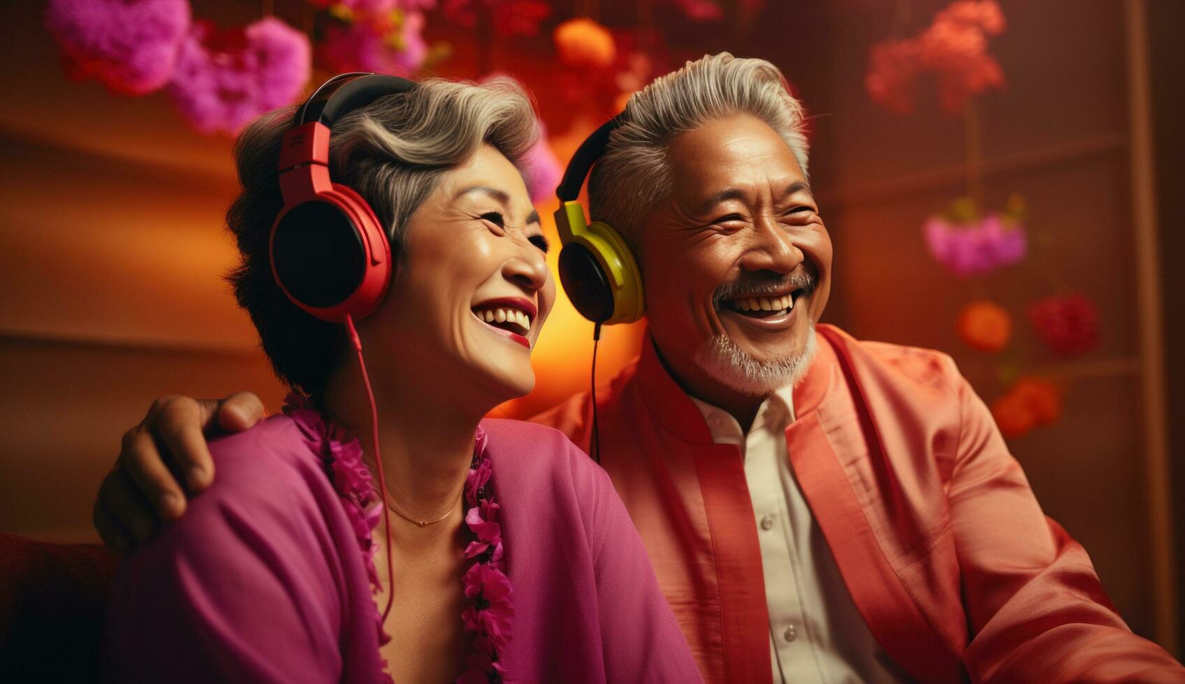 AI generated asian man and woman wearing headphones is singing photo