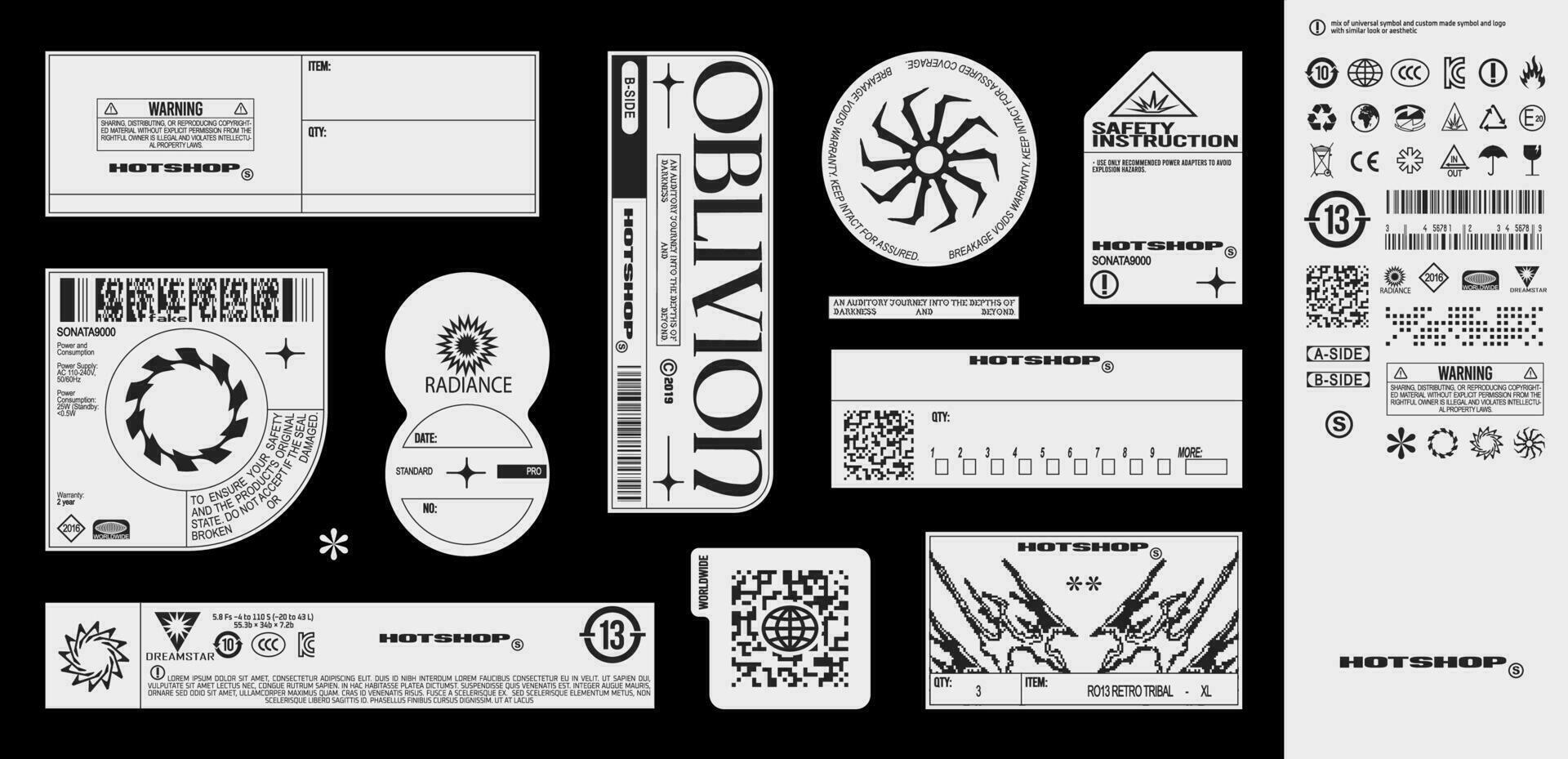 Collection of fake made up labels with set of symbols vector