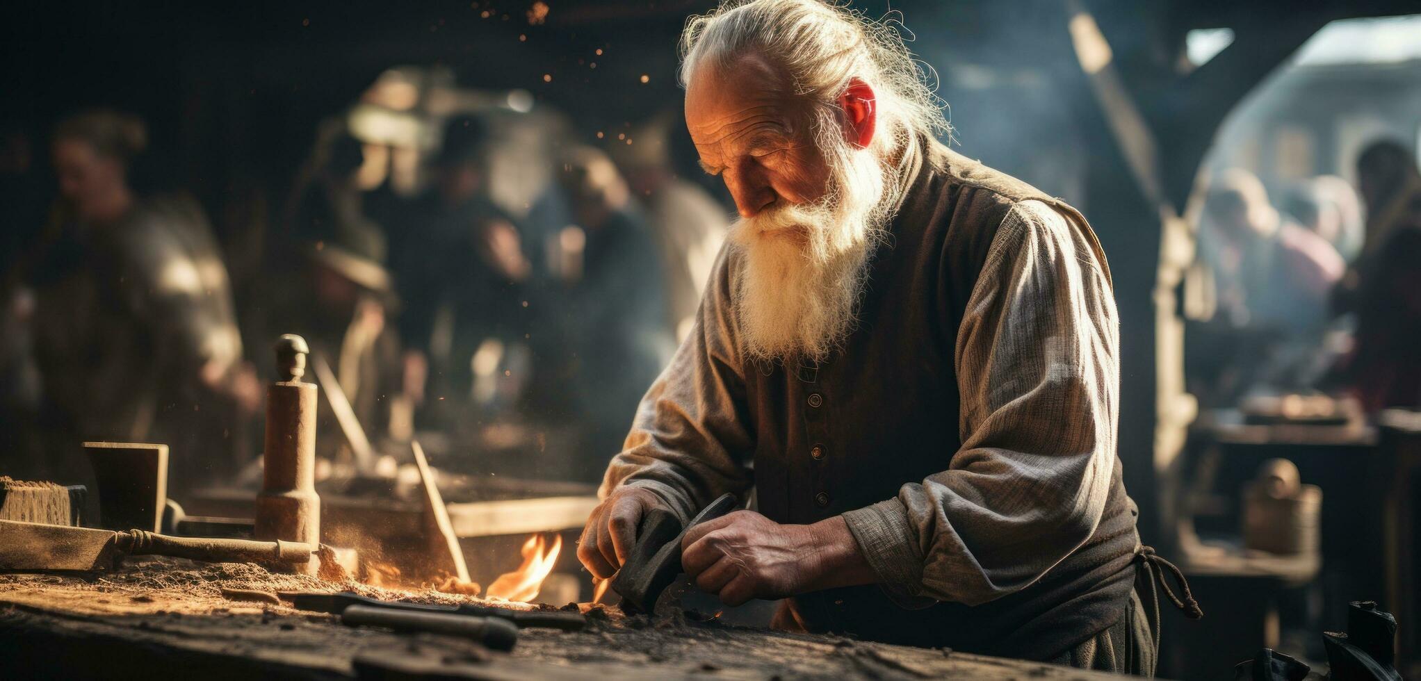 AI generated an old man plows through wood in an old working shop photo