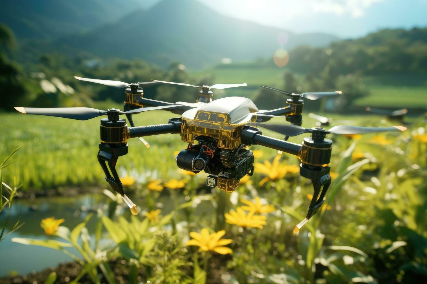 AI generated drone image flying over a rice field with a sunflower in background photo
