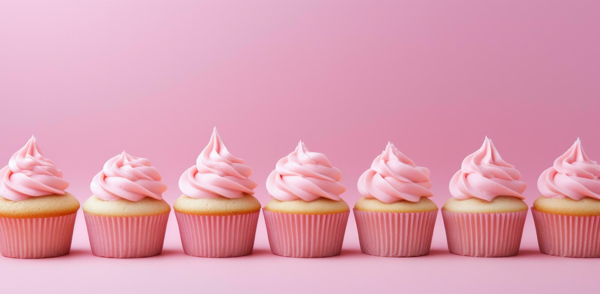 AI generated cupcakes with pink frosting are in a row on a pink background photo