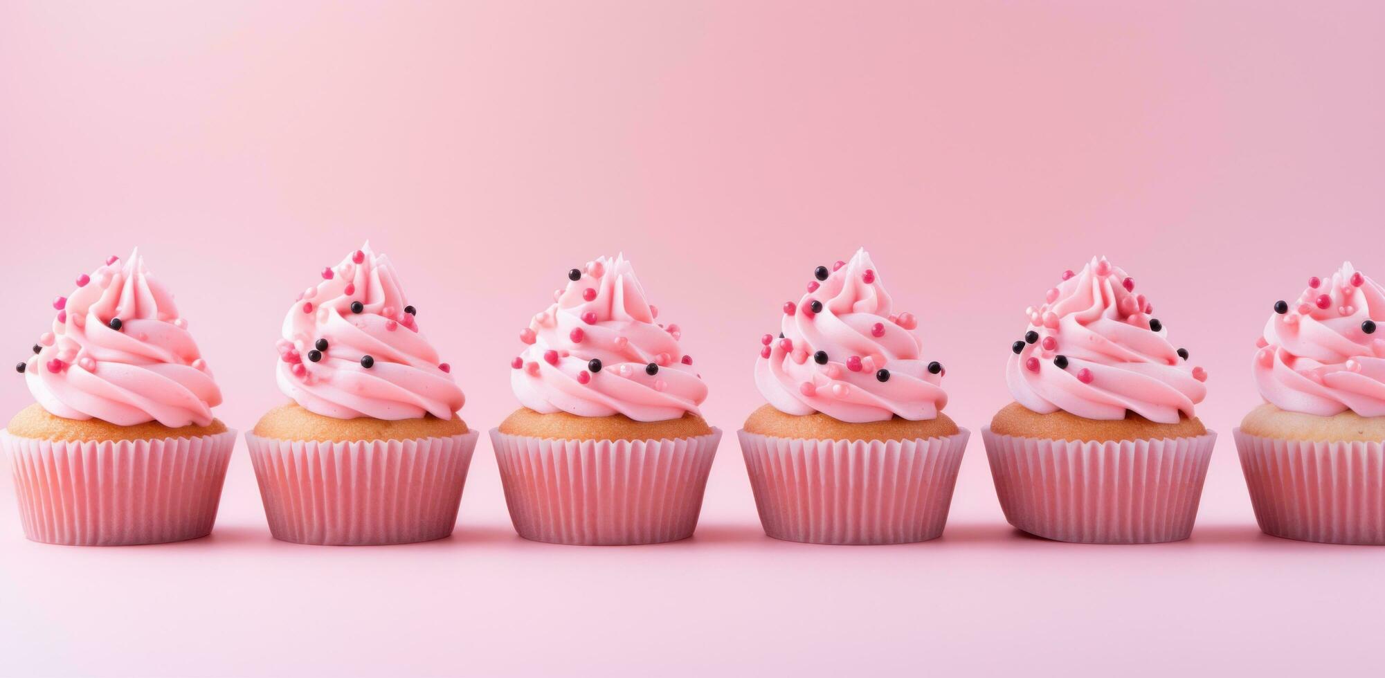 AI generated cupcakes with pink frosting are in a row on a pink background photo