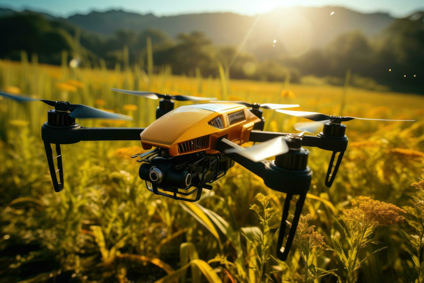 AI generated drone image flying over a rice field with a sunflower in background photo