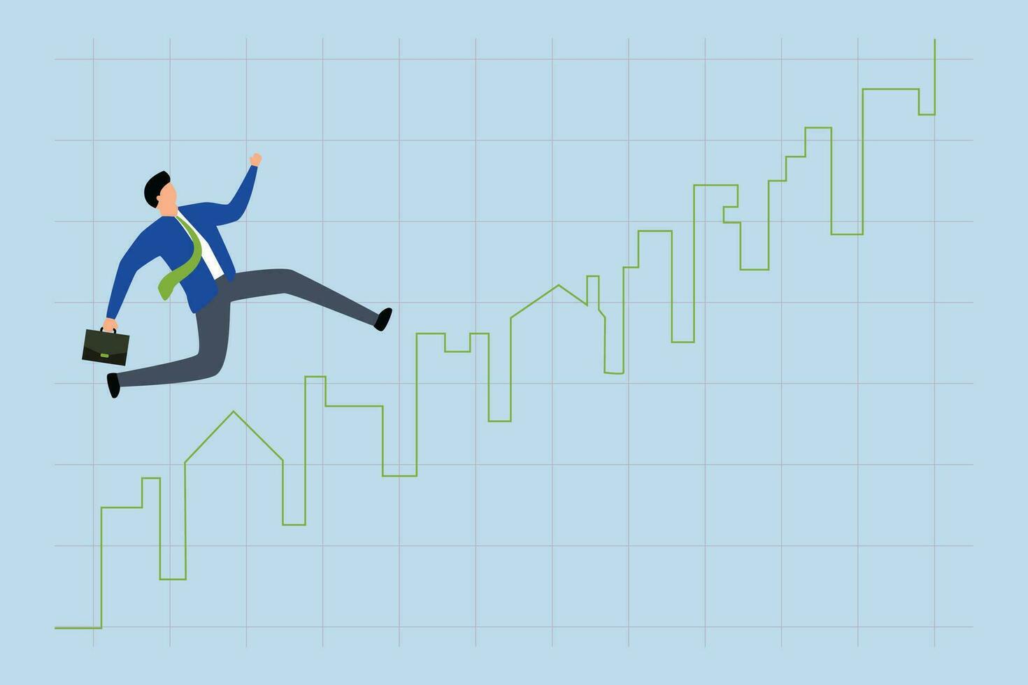 Real estate market price rising up chart, Happy running on rising up house and building green graph and chart for businessman homebuyer or real estate agent. vector