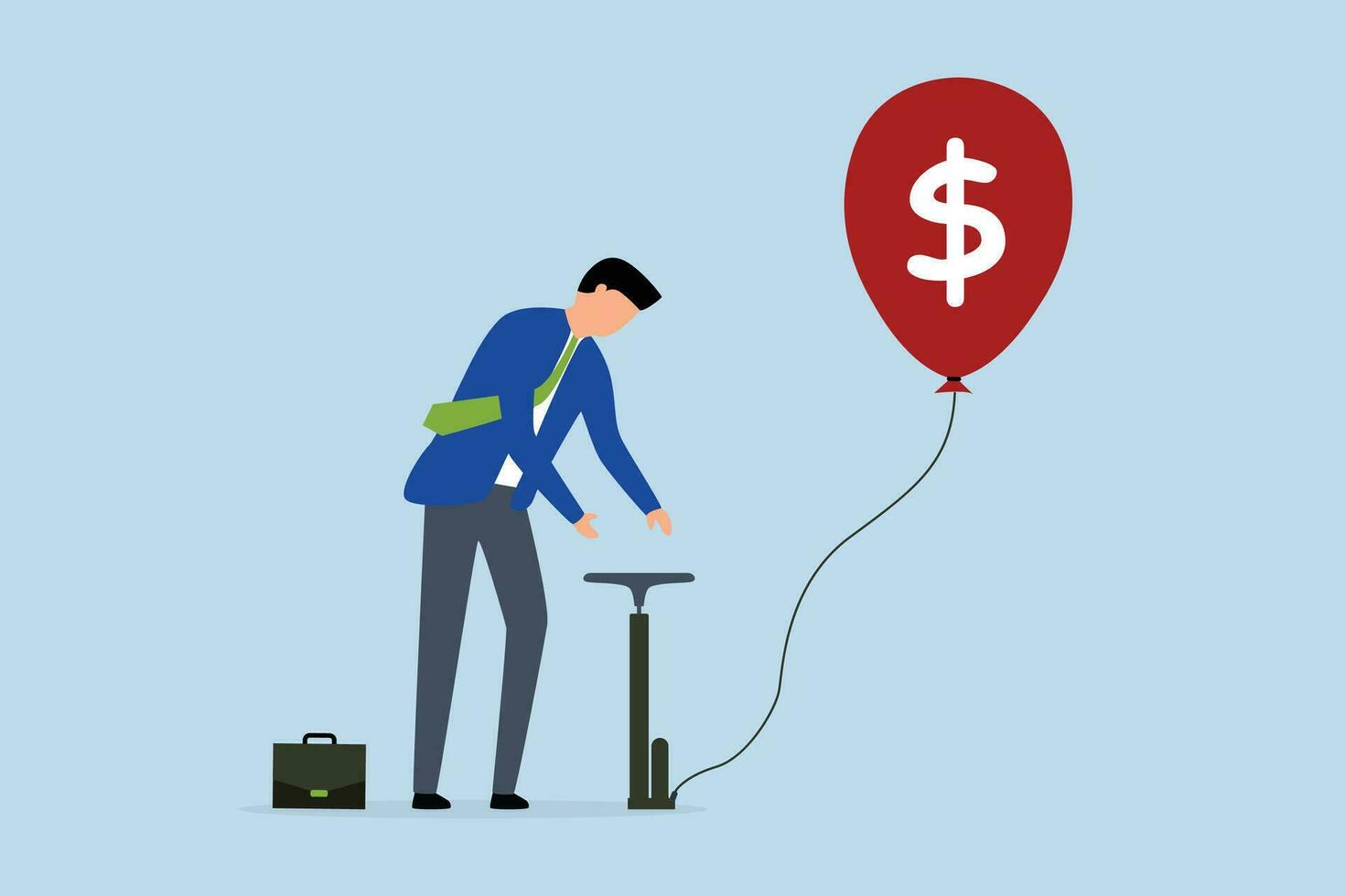 Investment bubble causing financial crisis, businessman investor pumps air into a large floating balloon with a US Dollar money sign ready to burst. vector