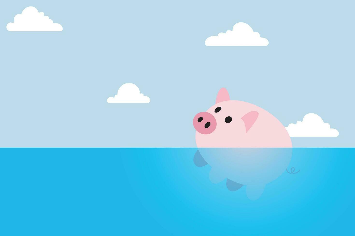 negocio seguro, sin esperanza rosado cerdito banco flotante en en el océano. vector