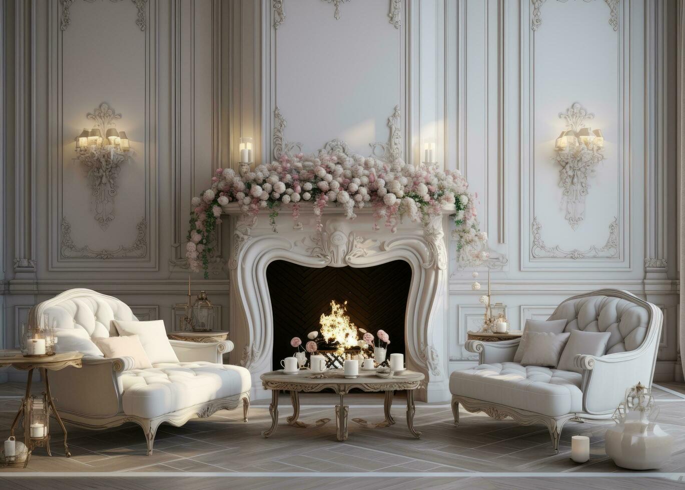 AI generated elegant living room with fancy fireplace photo