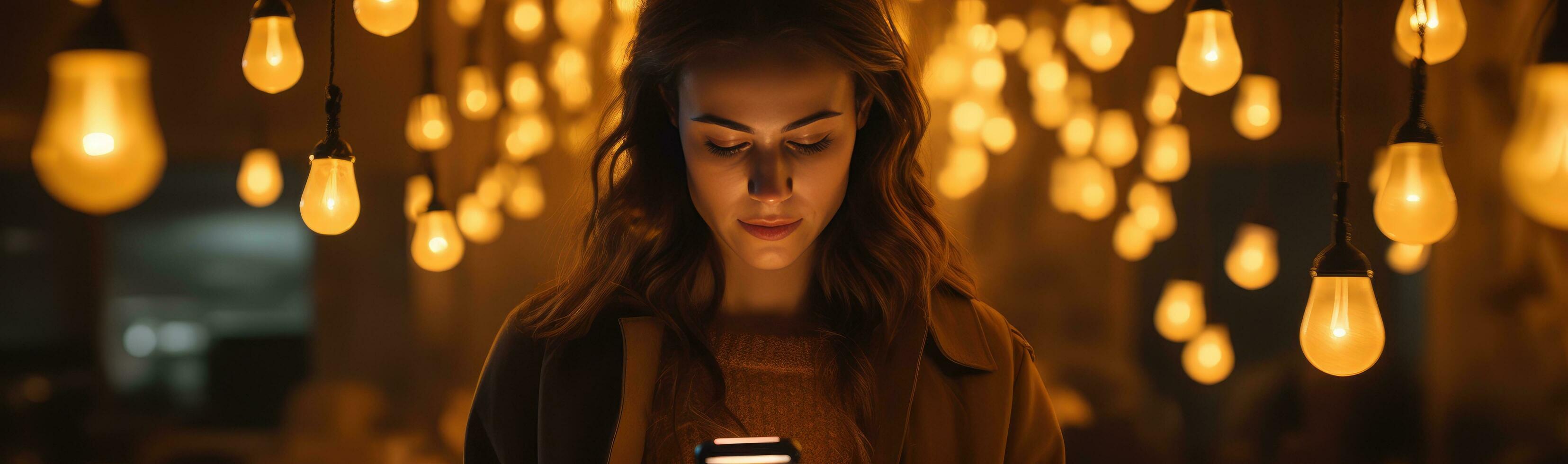 AI generated one woman watching her mobile with a pair of light bulbs photo