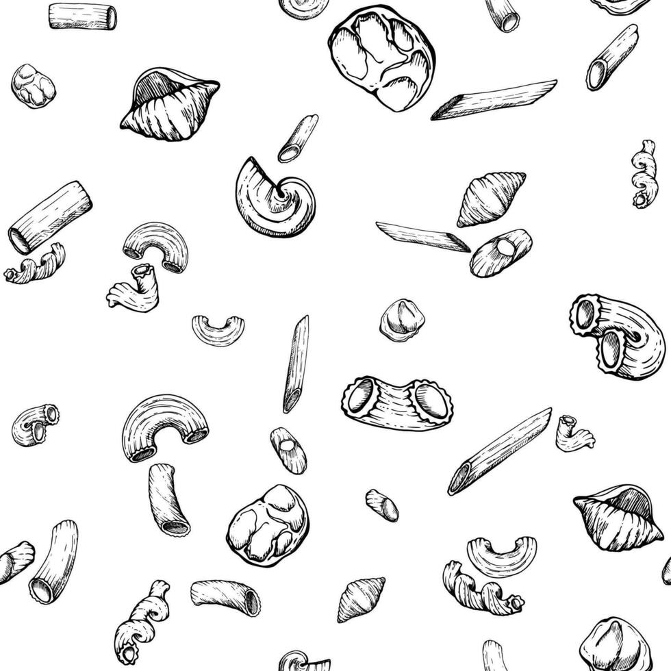 Hand drawn vector ink illustration. Pasta Italian elbows gobetti cavatappi conchiglie orecchiette penne rigatoni. Seamless pattern isolated on white. Restaurant, menu, food shop package, flyer, print.