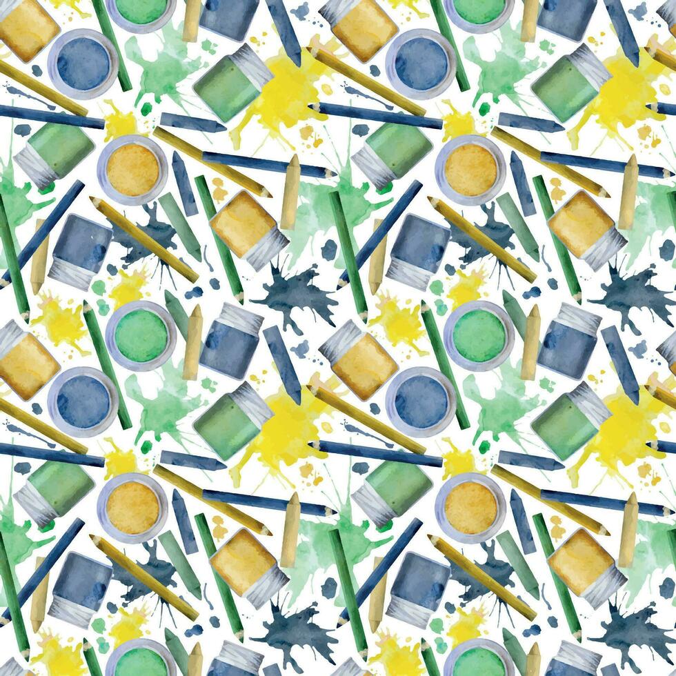 Watercolor hand drawn illustration, kids children painting materials supplies, green blue yellow stationery, splashes. Seamless background isolated on white. For school, party, shop, print, website vector