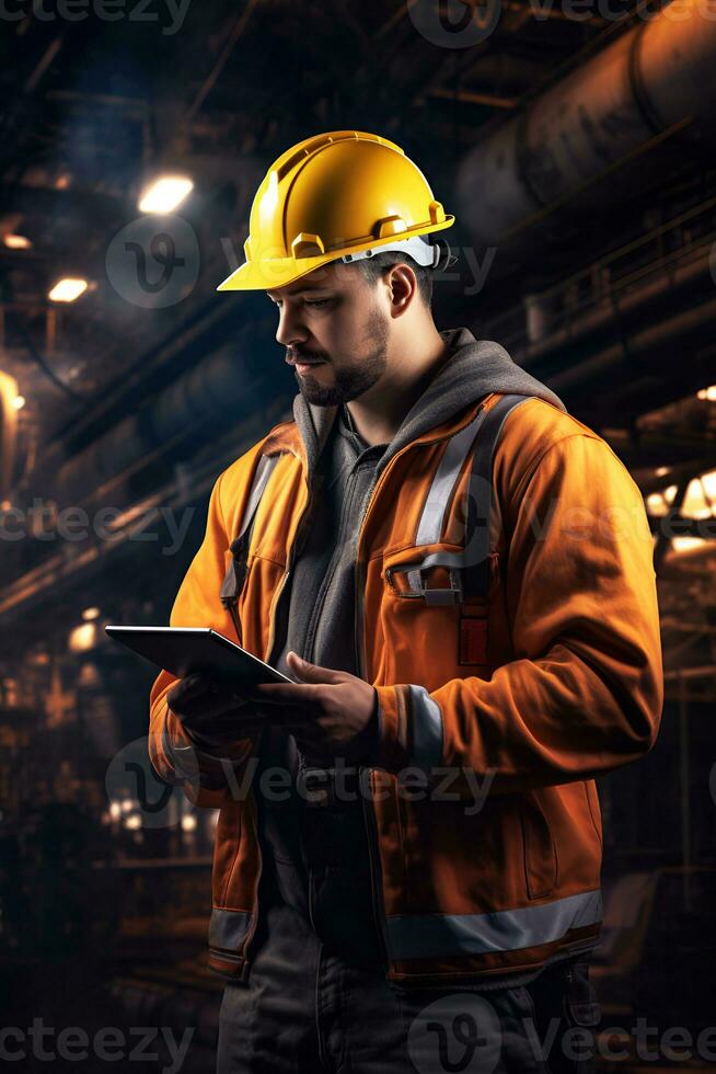 AI generated man worker specialist engineer in uniform hard hat with tablet photo