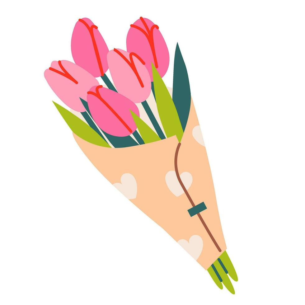 A bouquet of tulips in a cute wrapper. Love concept. Vector illustration