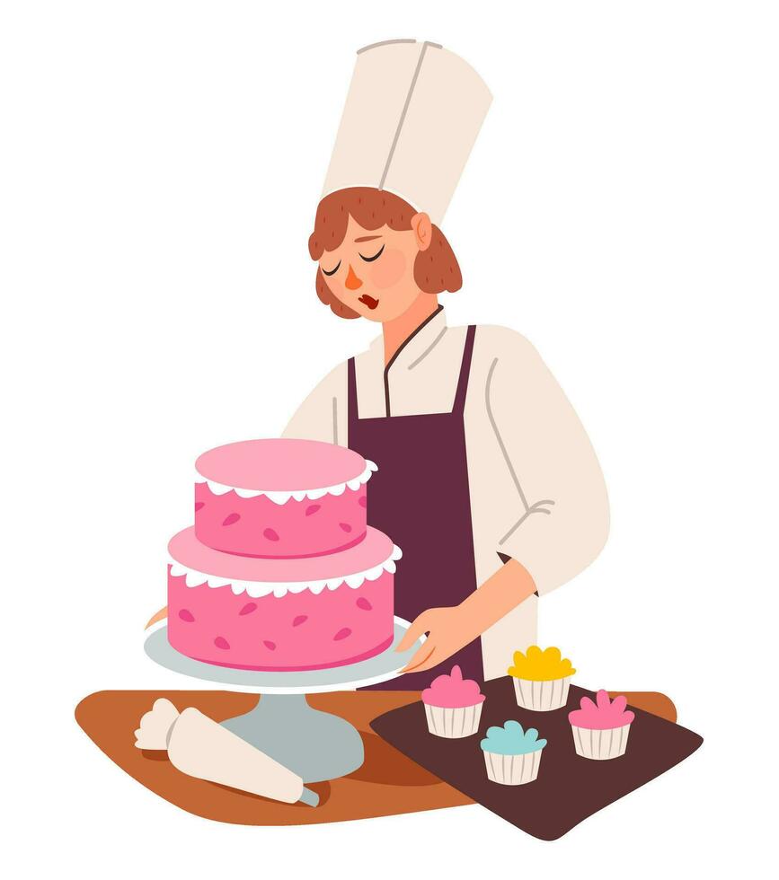 The pastry chef makes a cake. Confectioner character decorates the cake. Flat vector illustration