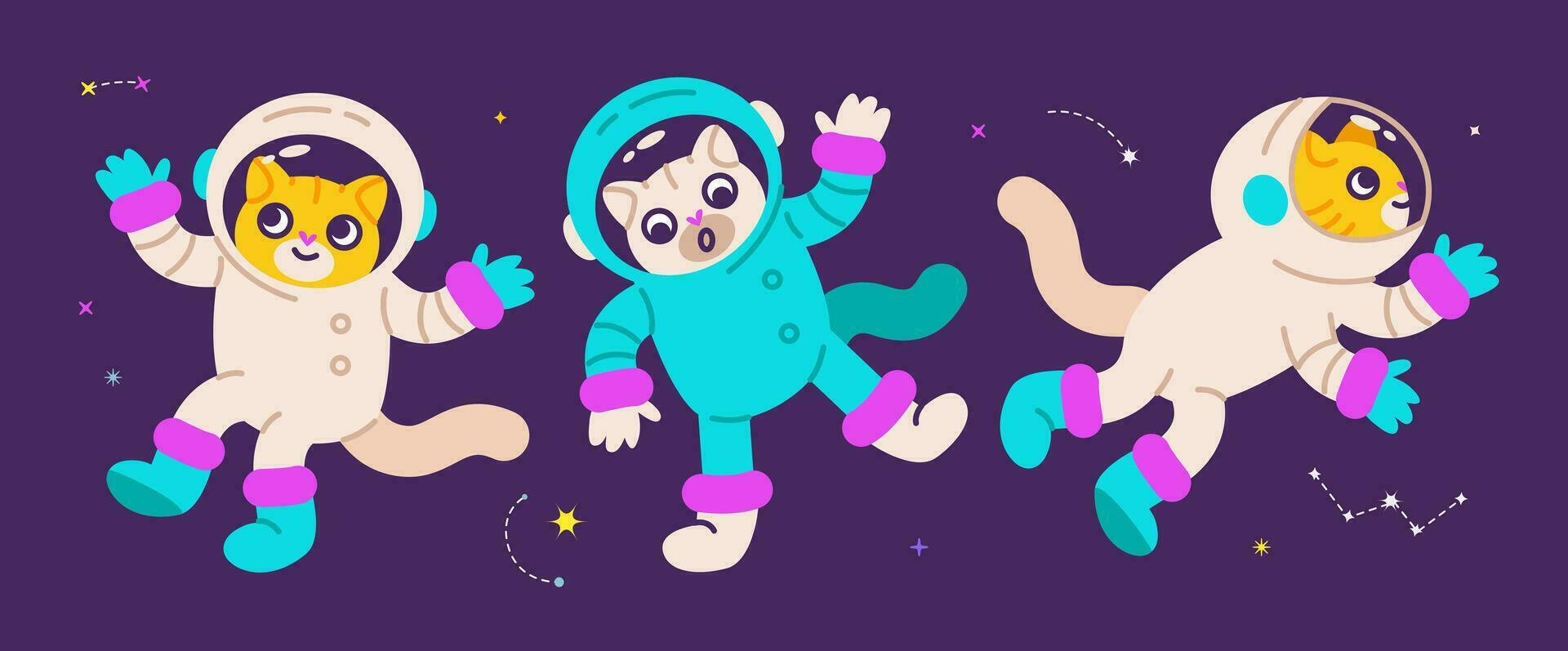 linda gatos astronautas alegre gatos en en espacio trajes. plano vector ilustración