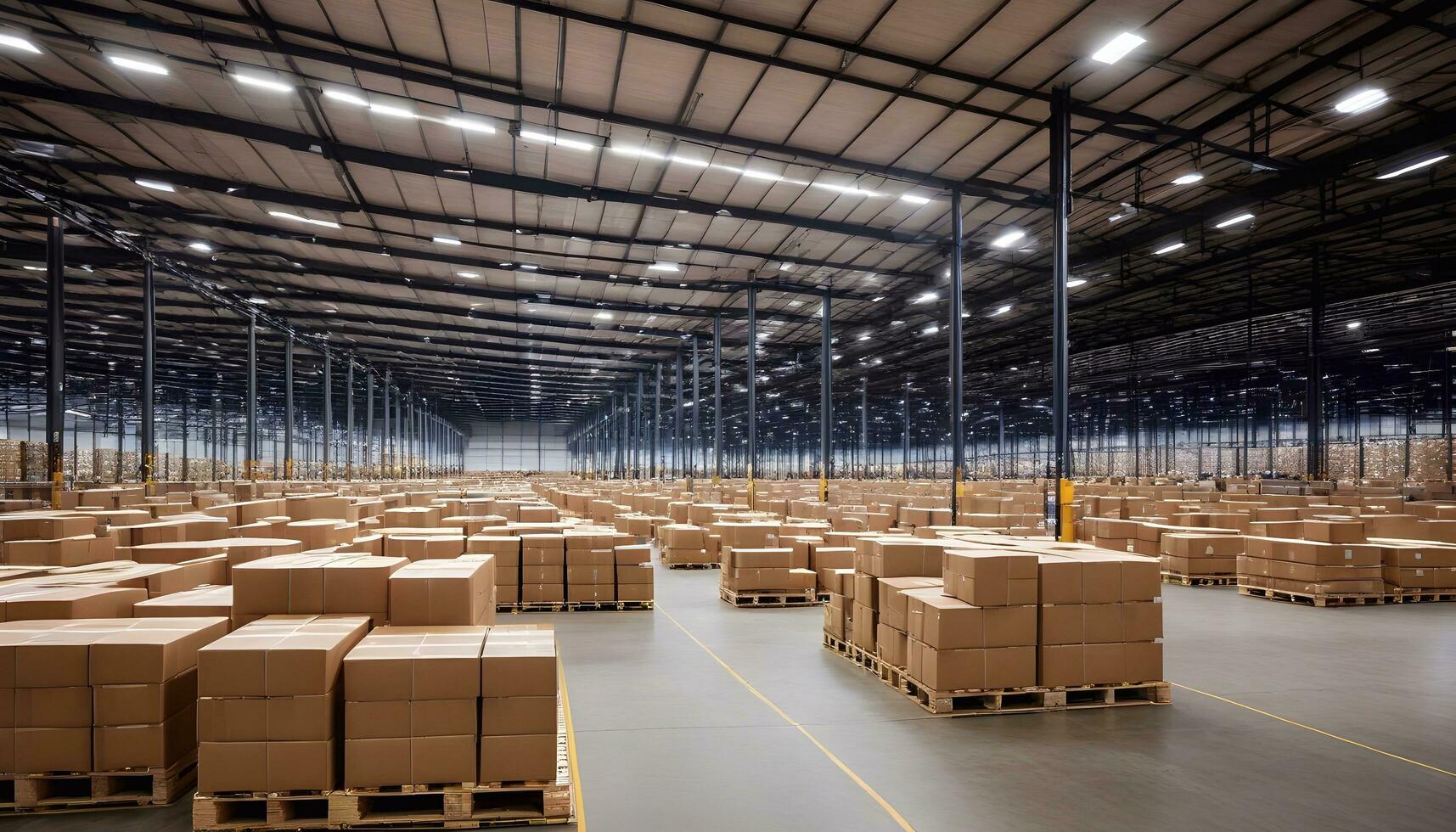 AI generated A well-organized warehouse with rows of brown boxes and fluorescent lights photo