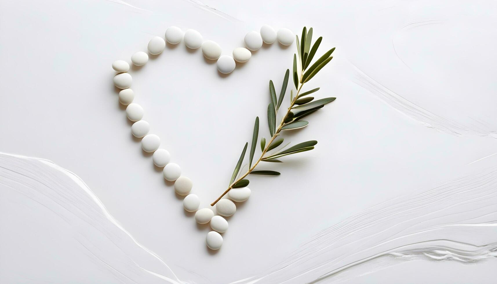 AI generated A Heartfelt Arrangement White Stones and an Olive Branch on a White Marble-Like Surface photo