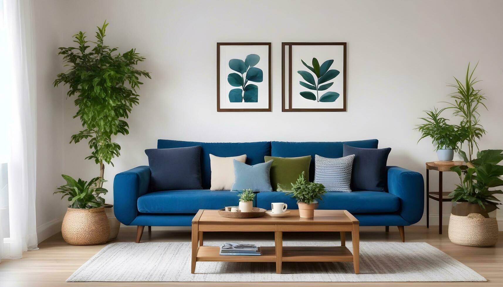 ai generado un acogedor vivo habitación con azul sofá y en conserva plantas foto