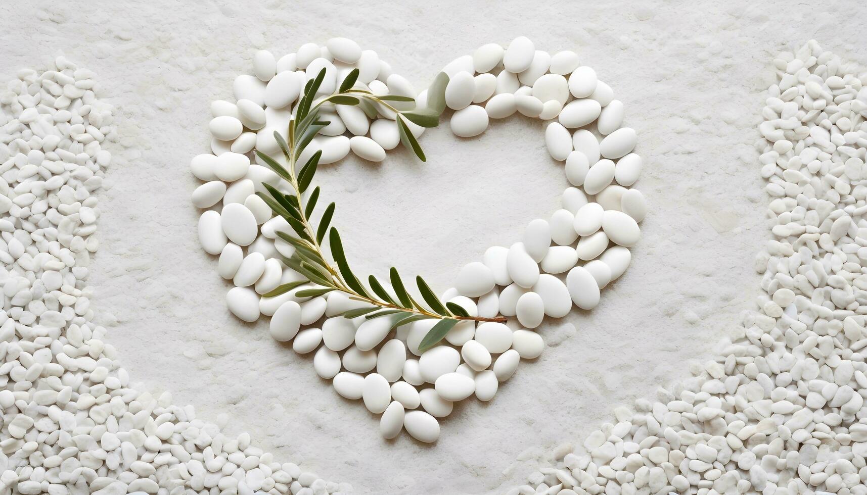 AI generated A Heartfelt Arrangement of White Pebbles and an Olive Branch photo