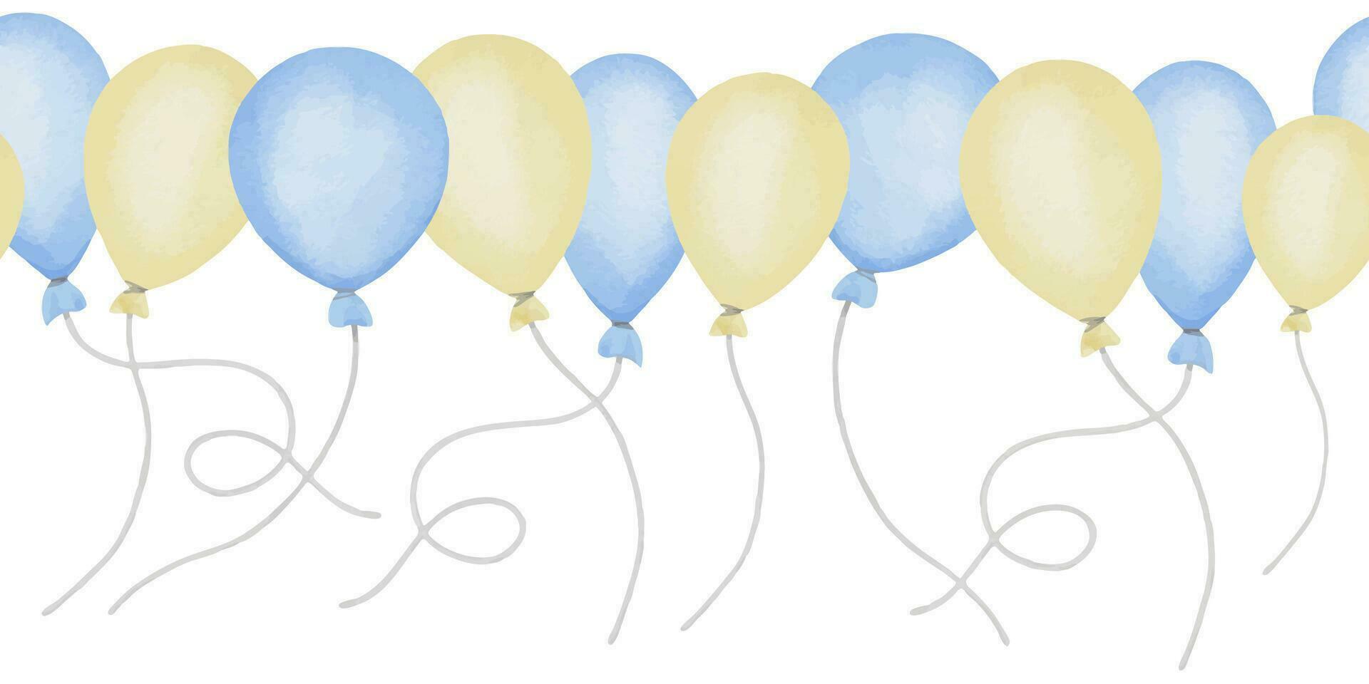 Balloon Border Watercolor illustration. Seamless pattern of a blue and yellow birthday party decorations. Hand drawn on isolated background. For creating fabrics for Baby and nursery wall art vector