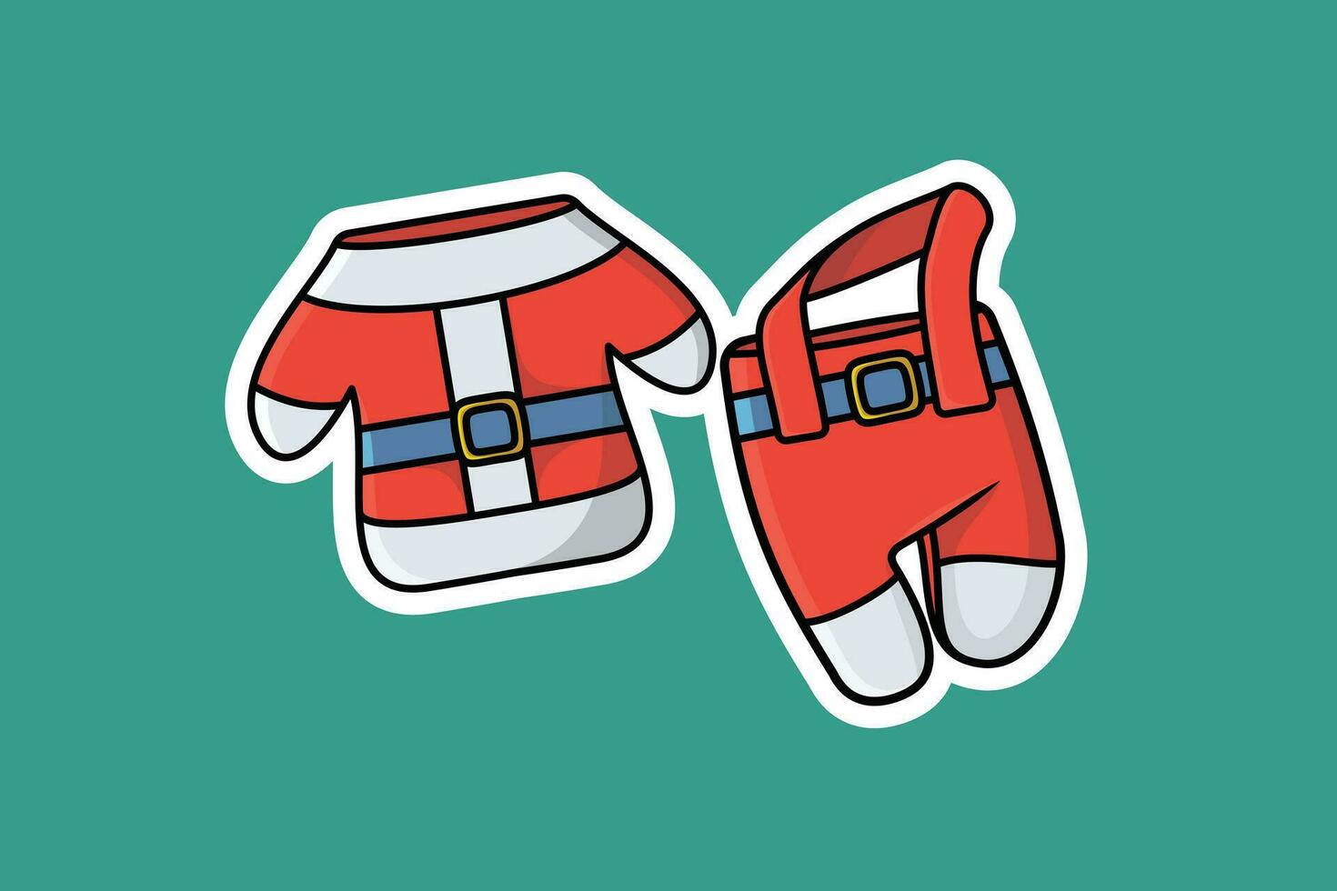 Red Kids Winter Christmas Suit with Belt Sticker vector illustration. Holiday objects icon design concept. Santa Claus coat suit sticker design logo with shadow.