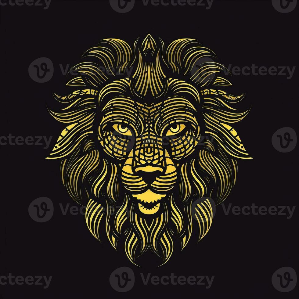 AI generated sketchy logo featuring an outline lion head in yellow on a black background. Generative AI photo