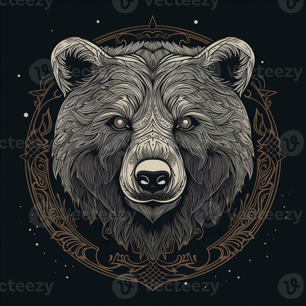 AI generated Sketchy logo featuring bear head head in gray on a black background. Generative AI photo