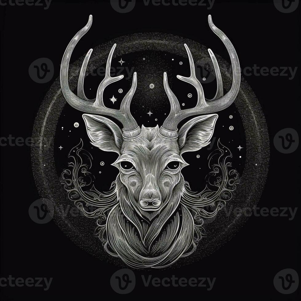 AI generated sketchy logo featuring deer head head in gray on a black background. Generative AI photo